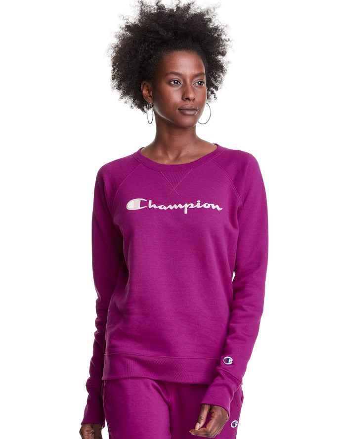 Champion Womens Sweatshirt NZ - Powerblend Fleece Classic Crew Script Logo Pink ( 1487-XKWYO )